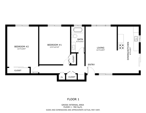 A black and white floor plan of a one bedroom apartment.